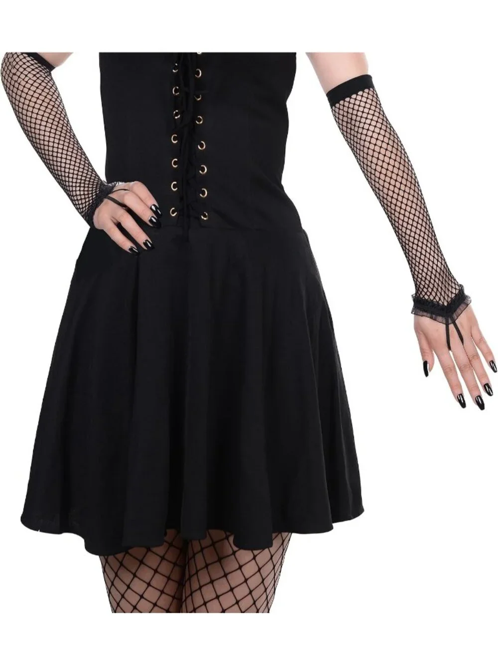Women's Black Long Fishnet Fingerless Mesh Ruffle Trim Gothic Party Gloves